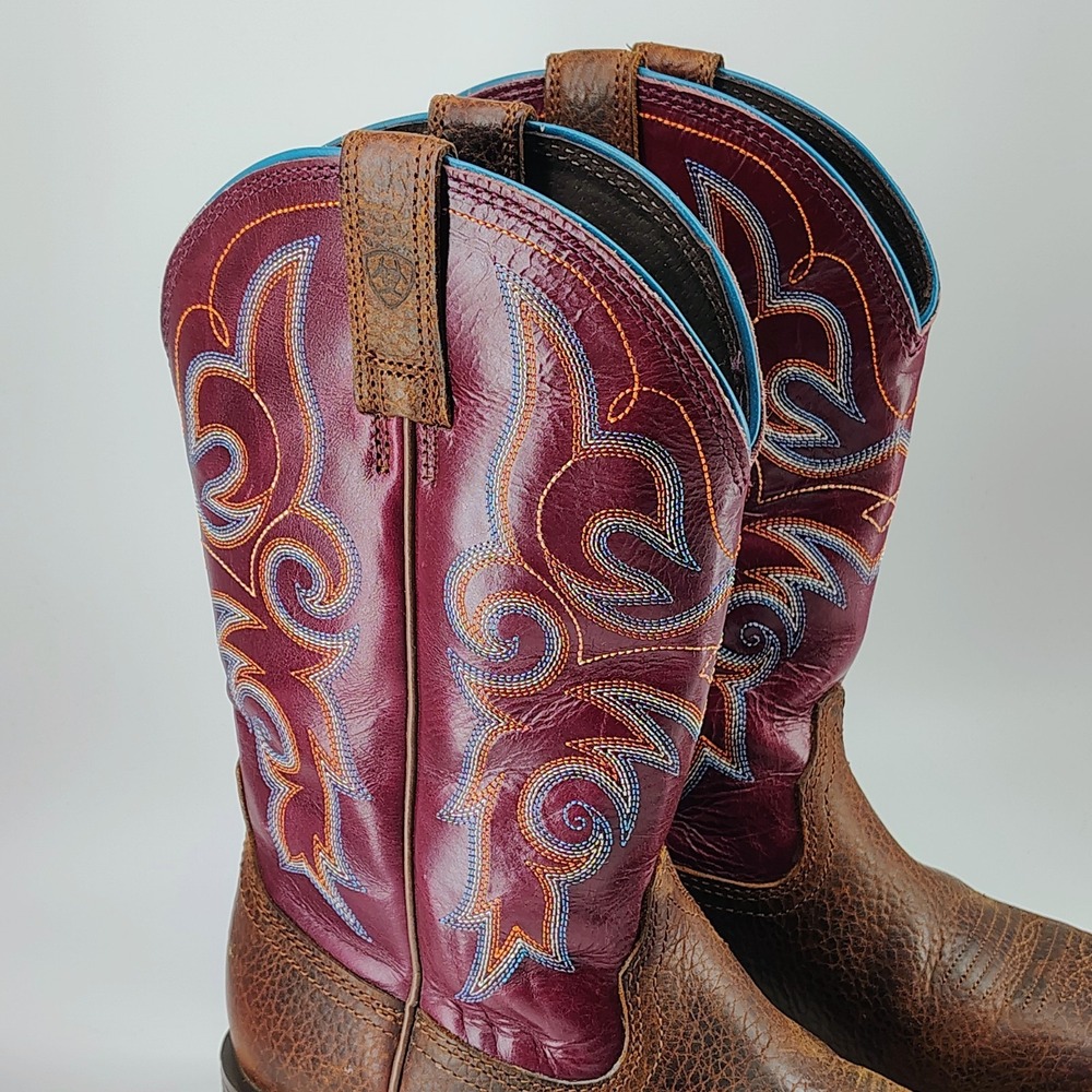 Ariat Women's 6.5B Western Cowboy Boots Brown Burgundy Embroidered Square Toe - Picture 2 of 9